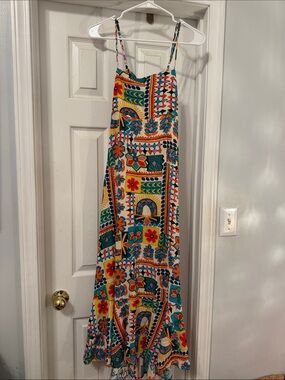 paper hearts linen dress Paper Heart Strapless Linen Blend Maxi Dress Lg Green White Resort Vacation EUC